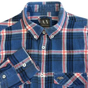 Armani Exchange A/X Plaid Flannel Shirt Mens S Blue‎ Button Down Grunge Eagle